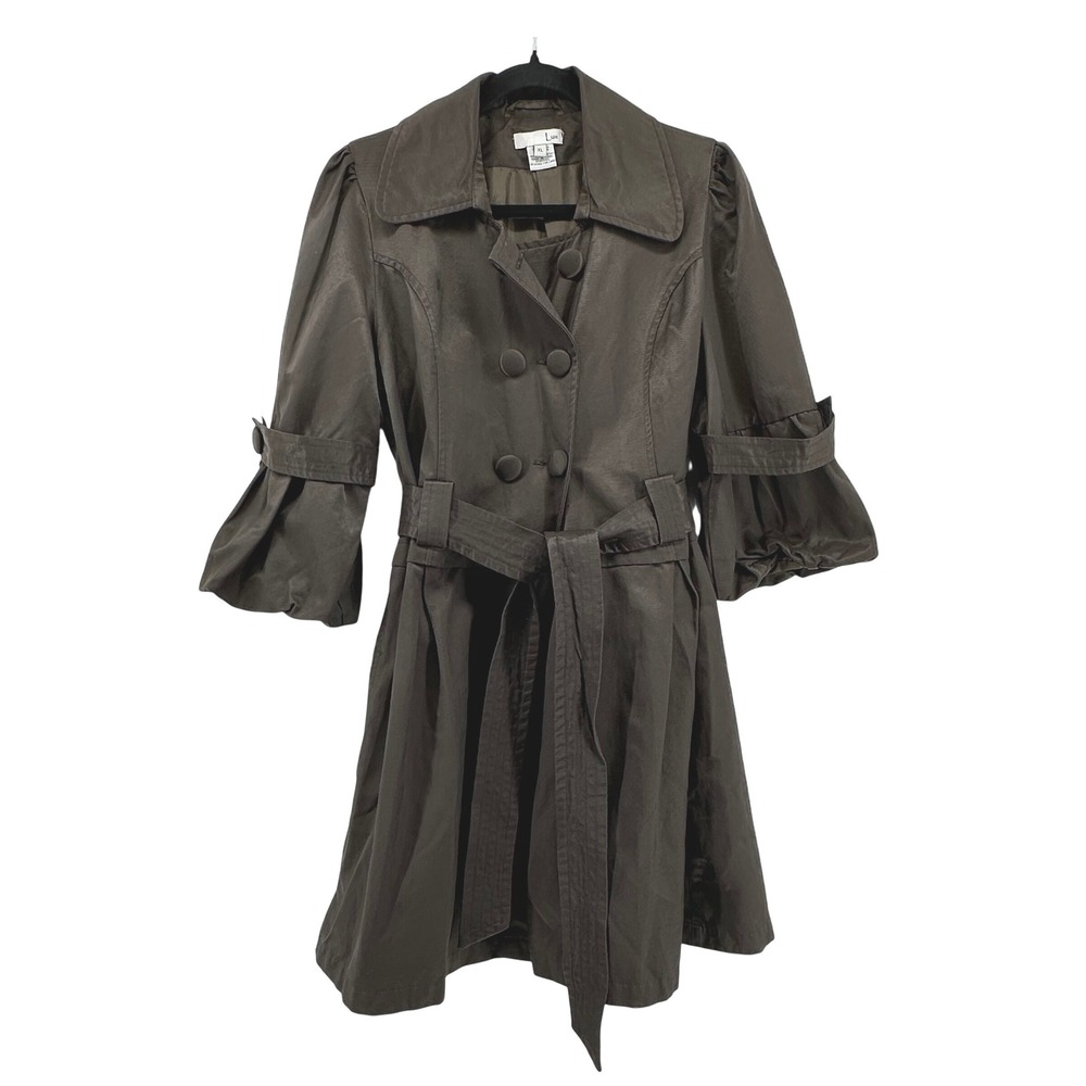 Luii Anthropolgie Trench Coat Women XL Brown Double Breasted Puff Sleeve Belted